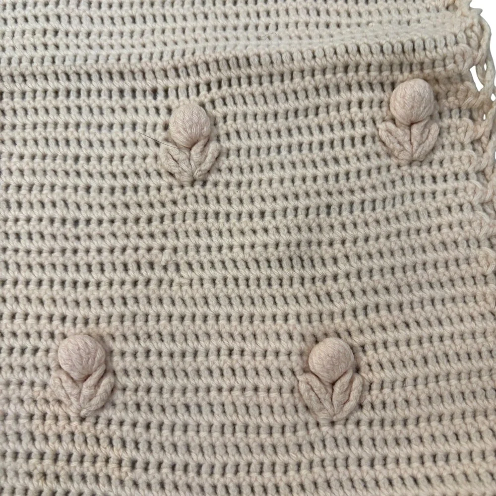 Vintage Handmade Crochet Baby Blanket Cream Floral Popcorn Stitch Nursery 31x20
